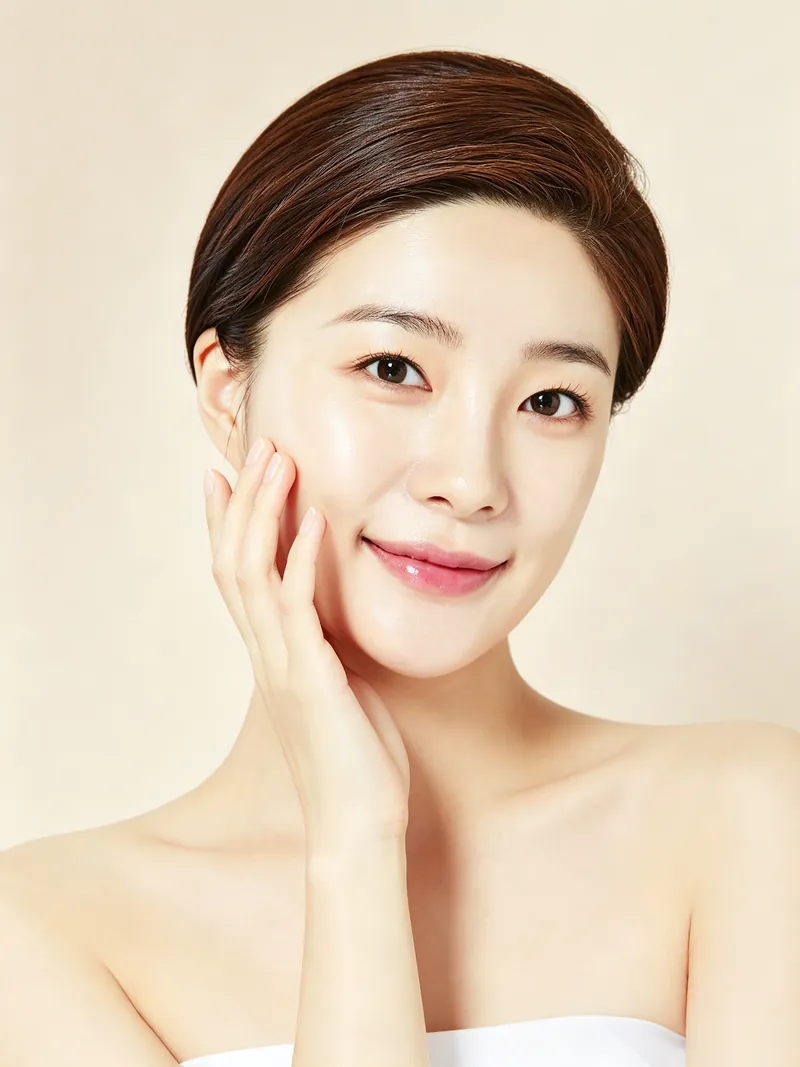 A client with clear skin resting a hand on her cheek