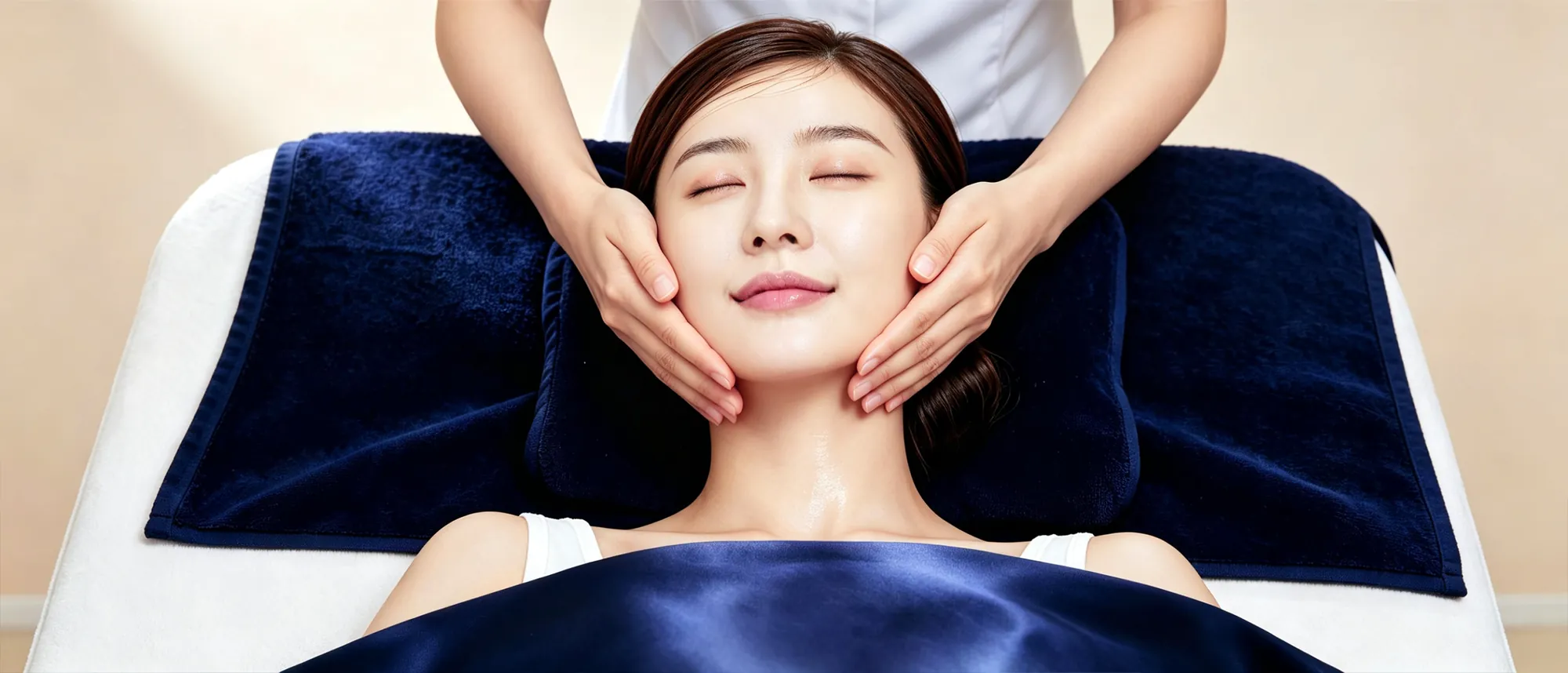 A Hanbang therapist applying Geunmak therapy to a client’s face